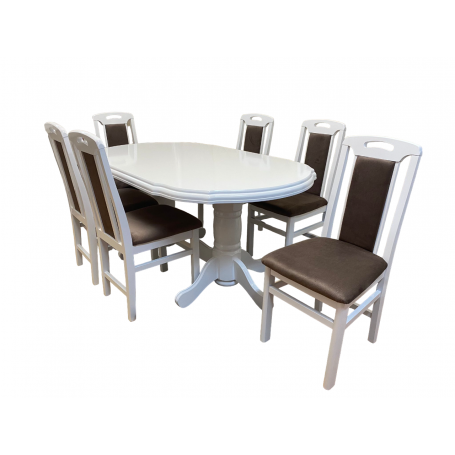 Set masa living SR Zork alba plus 6 scaune SR Rim alb/maro, 74x90x160/200 cm