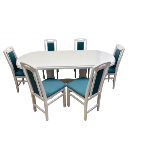 Set masa living SR Zork alba plus 6 scaune SR Rim alb/turcoaz, 74x90x160/200 cm